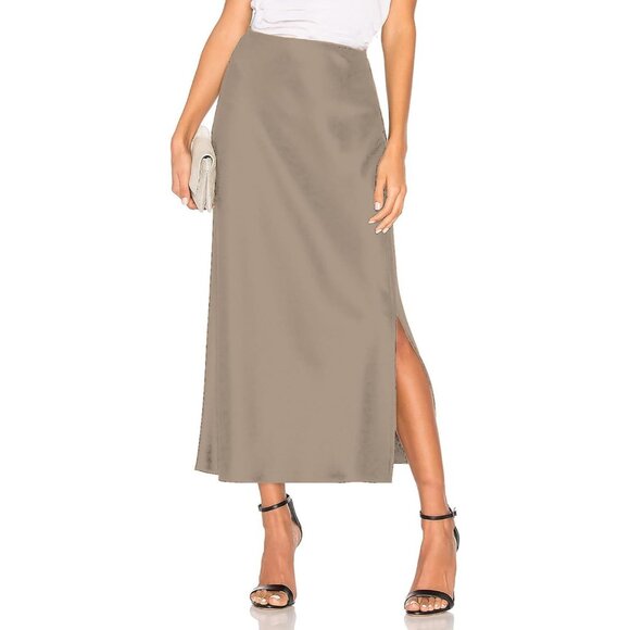Women's Light Khaki Satin Elastic Silk A Line Flowy Ruffle Cocktail Midi Skirt